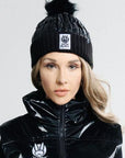 Black Puffer Beanie and Faux Fur Black Gloves