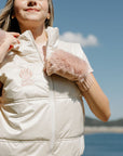 Ivory Snowbird Vest and Pink Faux Fur Gloves