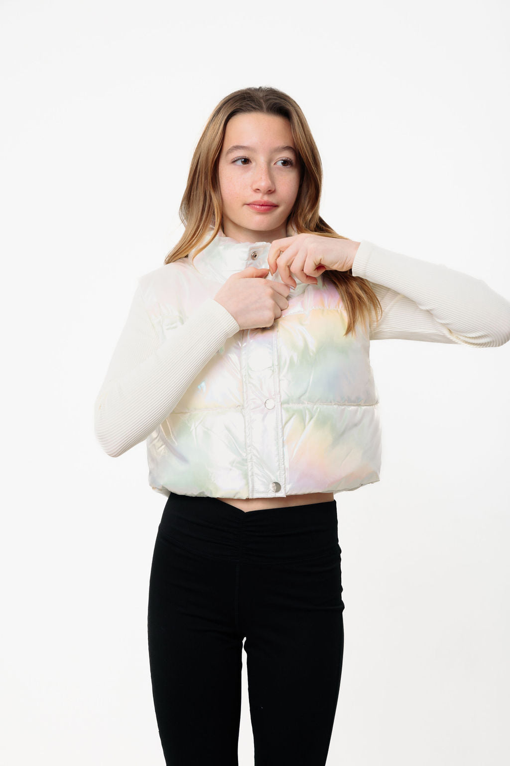 Pow Kids Cropped Puffer Vest Metallic Opal