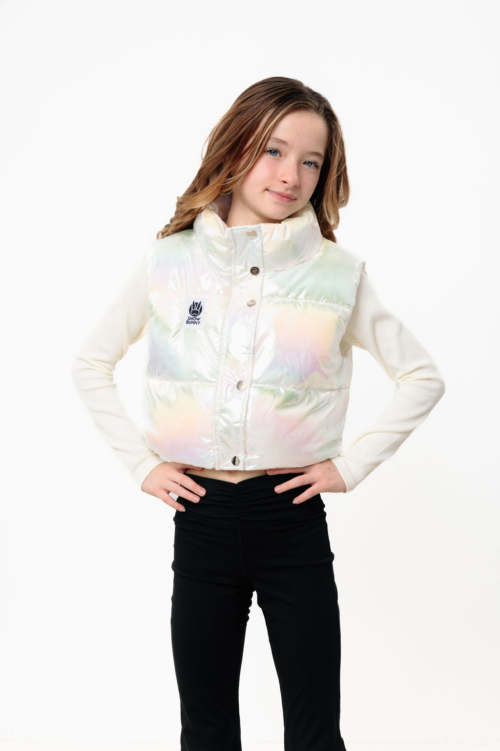 Pow Kids Cropped Puffer Vest Metallic Opal